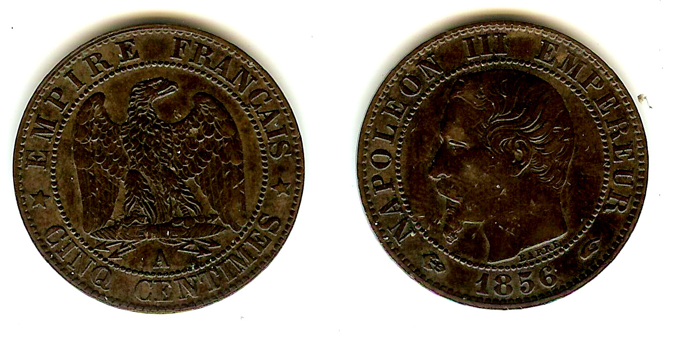 Cinq centimes Napoléon III, tête nue 1856 Paris TTB++